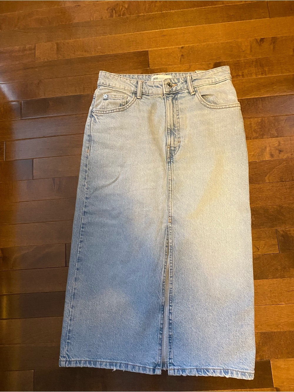 Zara Light Blue Straight Denim Midi Skirt small